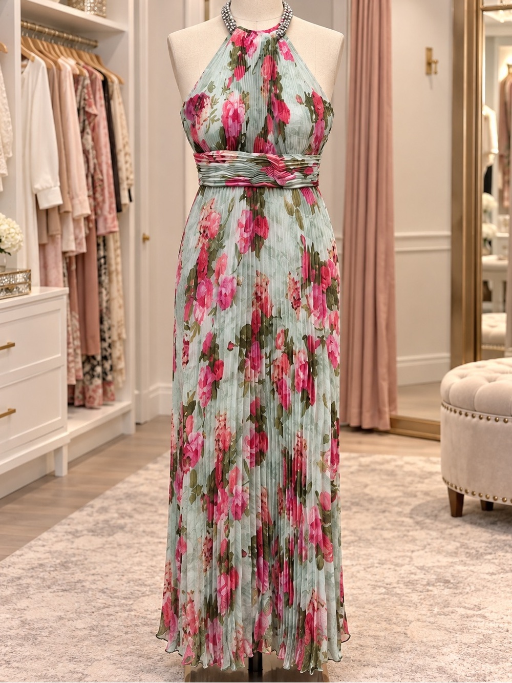 ELIZA J. Halter Floral Maxi Dress in Mint and Pink Pleated Backless Size 14